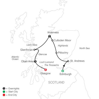 Map for Scottish Highlands Escape 2025 - 6 Day Tour from Edinburgh to Glasgow