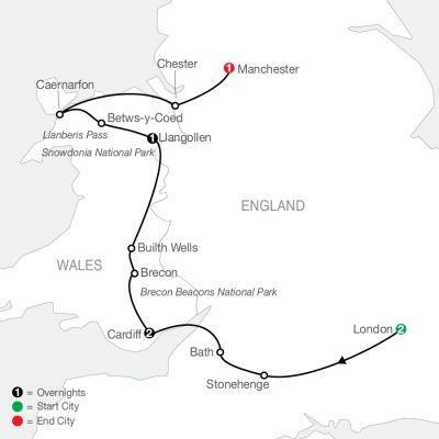Map for Welsh Escape with London 2025 - 7 Day Tour from London to Manchester