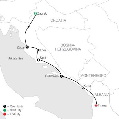 Map for Croatia & Albania Escape 2025 - 9 Day Tour from Zagreb to Tirana