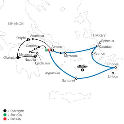 Map for Greek Escape plus 4-night Iconic Cruise 2025 - 12 Day Tour from Athens to Athens