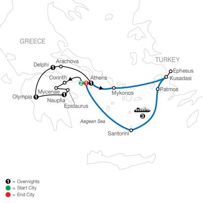 Map for Greek Escape plus 3-night Iconic Cruise 2025 - 11 Day Tour from Athens to Athens