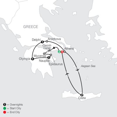Map for Greek Escape plus 2 nights in Crete 2025 - 9 days from Athens to Athens