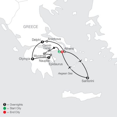 Map for Greek Escape plus 2 nights in Santorini 2025 - 9 days from Athens to Athens