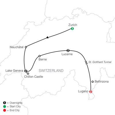 Map for Swiss Escape 2025 - 8 Day Tour from Zurich to Lugano