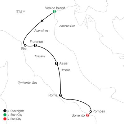 Map for Bella Italia Escape 2025 - 9 Day Tour from Venice to Sorrento