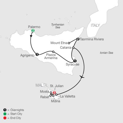 Map for Sicilian Escape with Malta 2025 - 10 Day Tour from Palermo to St. Julian