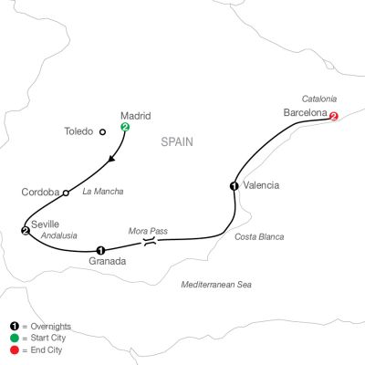 Map for Spanish Escape 2025 - 9 Day Tour from Madrid to Barcelona