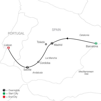Map for Spain & Portugal Escape 2025 - 9 Day Tour from Barcelona to Lisbon