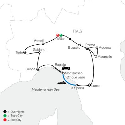 Map for Northern Italy's Highlights & Cinque Terre 2025 - 10 days from Milan to Milan