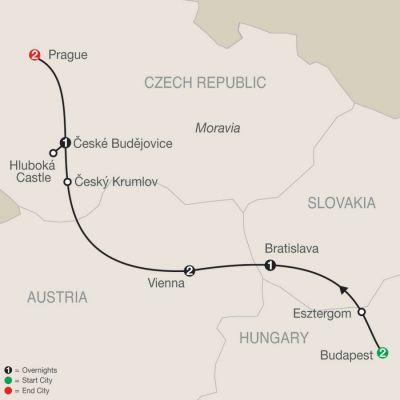 Map for Bohemian Dream 2025 - 9 days from Budapest to Prague