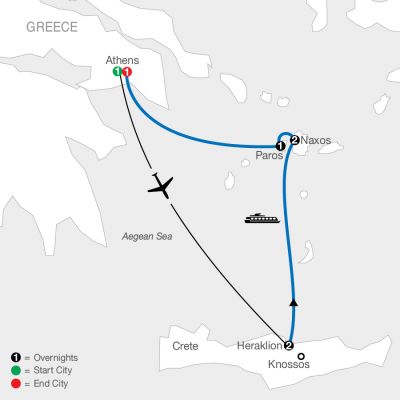 Map for Greek Island Adventure 2025 - 8 days from Athens to Athens