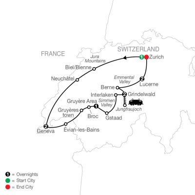 Map for Spectacular Switzerland 2025 - 9 days from Zurich to Zurich