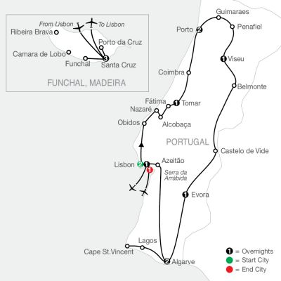 Map for Portugal in Depth with Madeira 2025 - 15 days from Lisbon to Lisbon