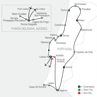 Map for Portugal in Depth with Azores 2025 - 15 days from Lisbon to Lisbon